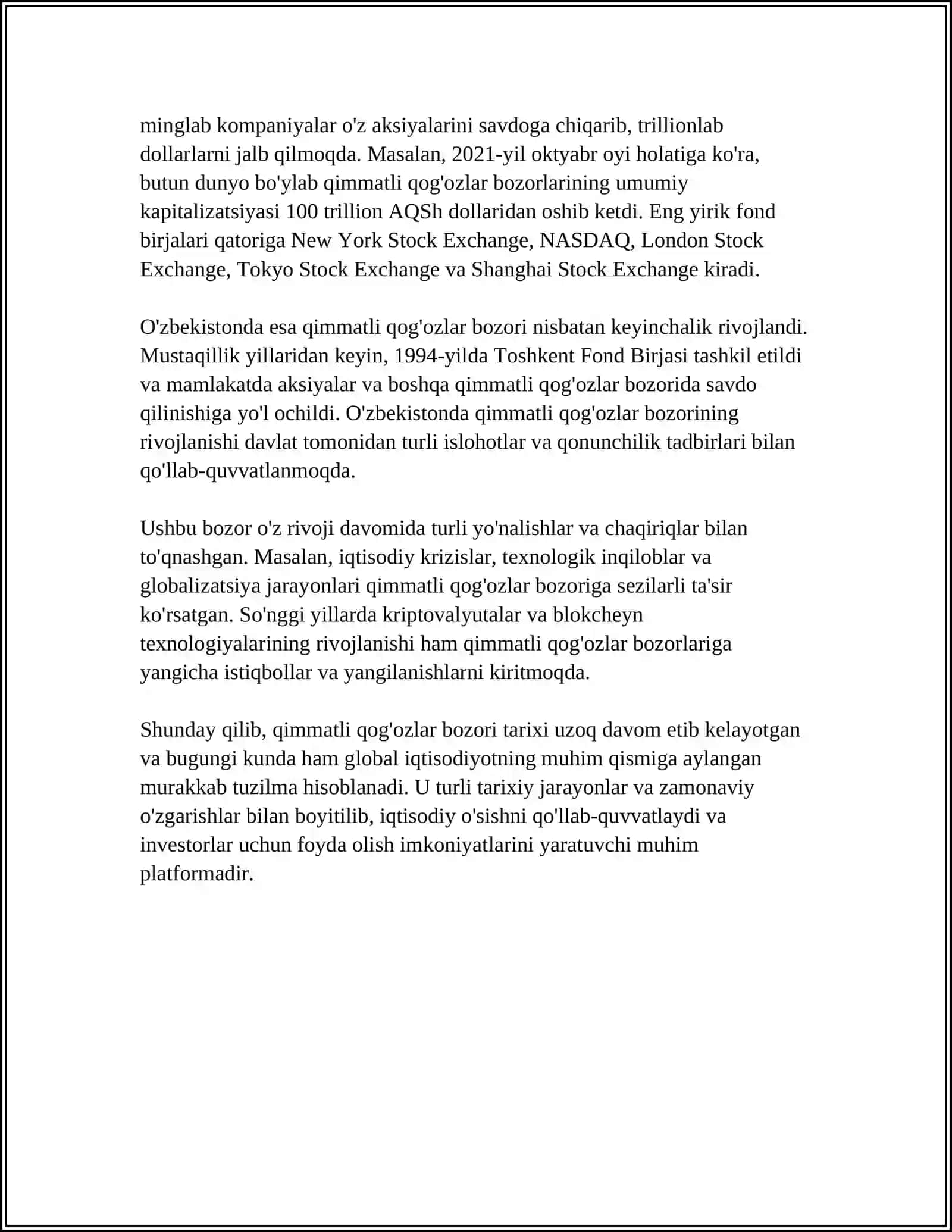 Qimmatli qog'ozlar bozori va uning rivojlanishi 4