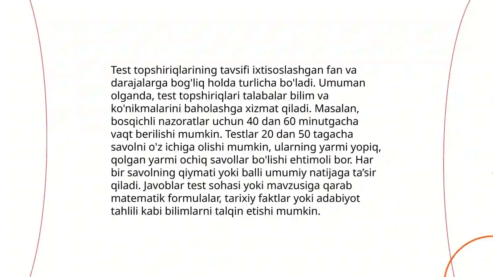 Òlchov predmet,test topshiriqlarining tavsifiga,berilgan topshiriq shakliga sinaluvchilar soni, topshiriqlarning bajarilish tezligiga kòra test turlari 4