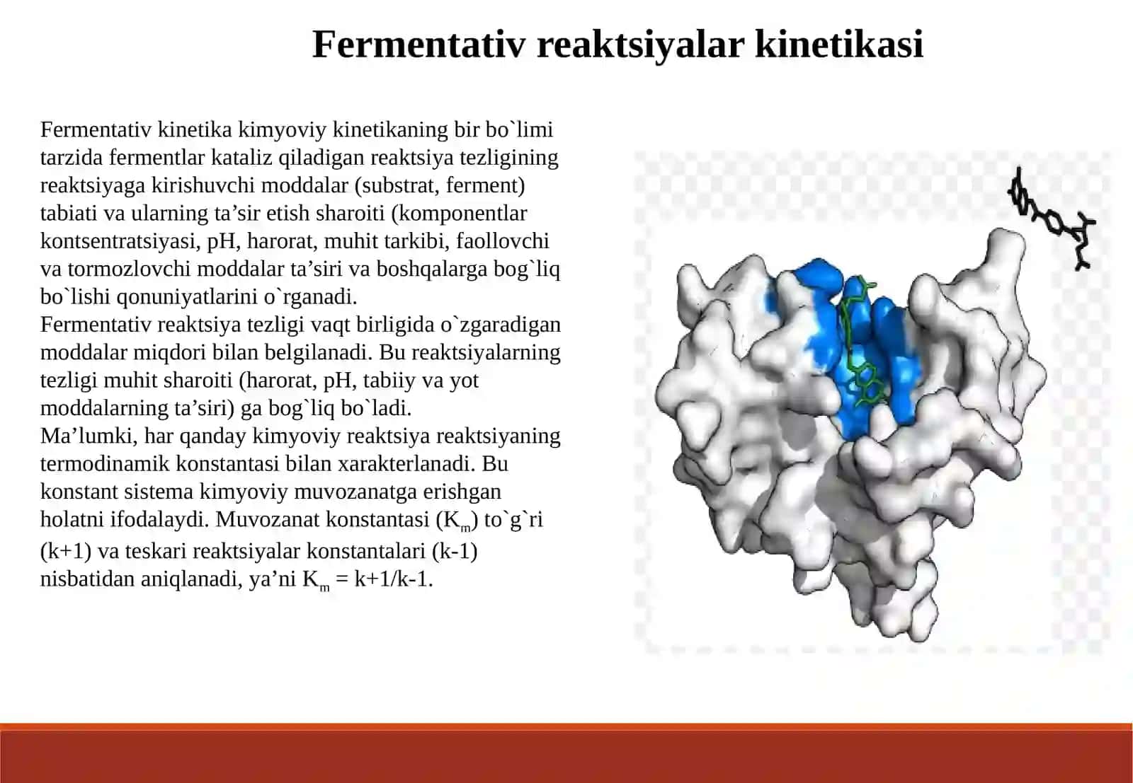 Oddiy fermentativ jarayonlarning kinetikasi. Michaelis tenglamasi va uning o'zgartirilgan shakllari. 4