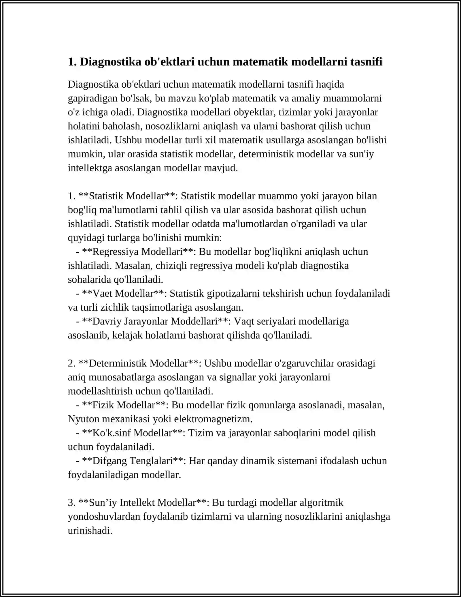 МАТЕМАТИЧЕСКИЕ МОДЕЛИ ОБЪЕКТОВ ДИАГНОСТИРОВАНИЯ (DIAGNOSTIKA OB'EKTLARINING MATEMATIK MODELLARI) 4