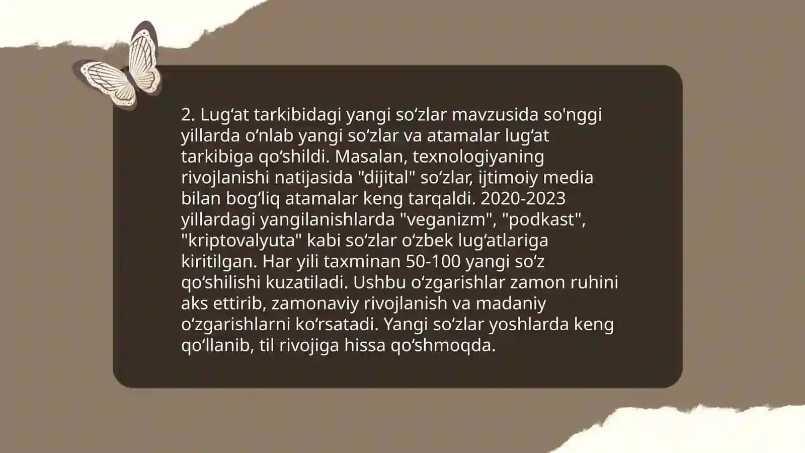 Mustaqillik davrida o'zbek tili lug'at tarkibida yuz bergan o'zgarishlar 4