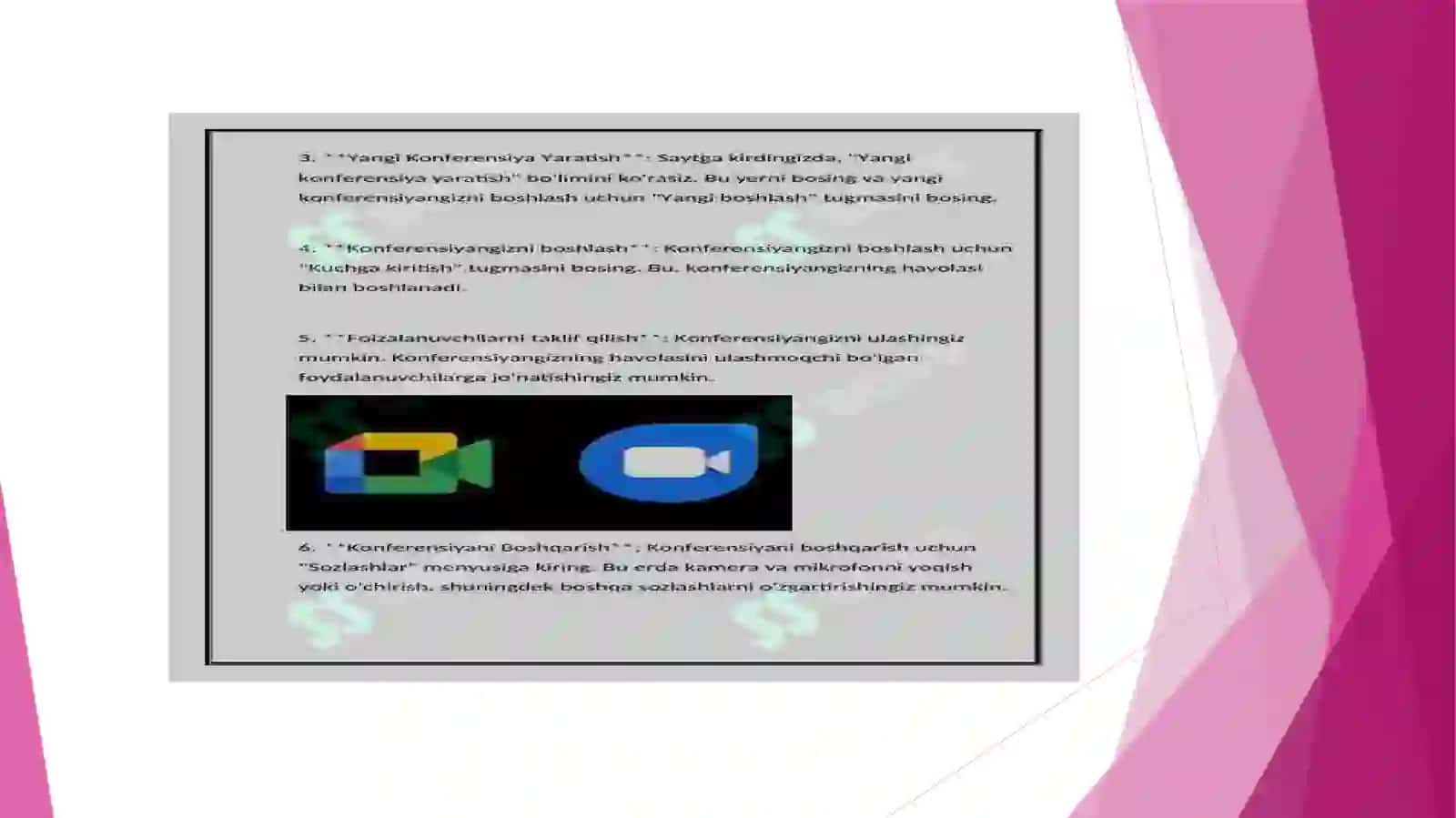Google Meet platformasidagi konferensiya yaratish va unga foydalanuvchilarni ulash va boshqarish 4