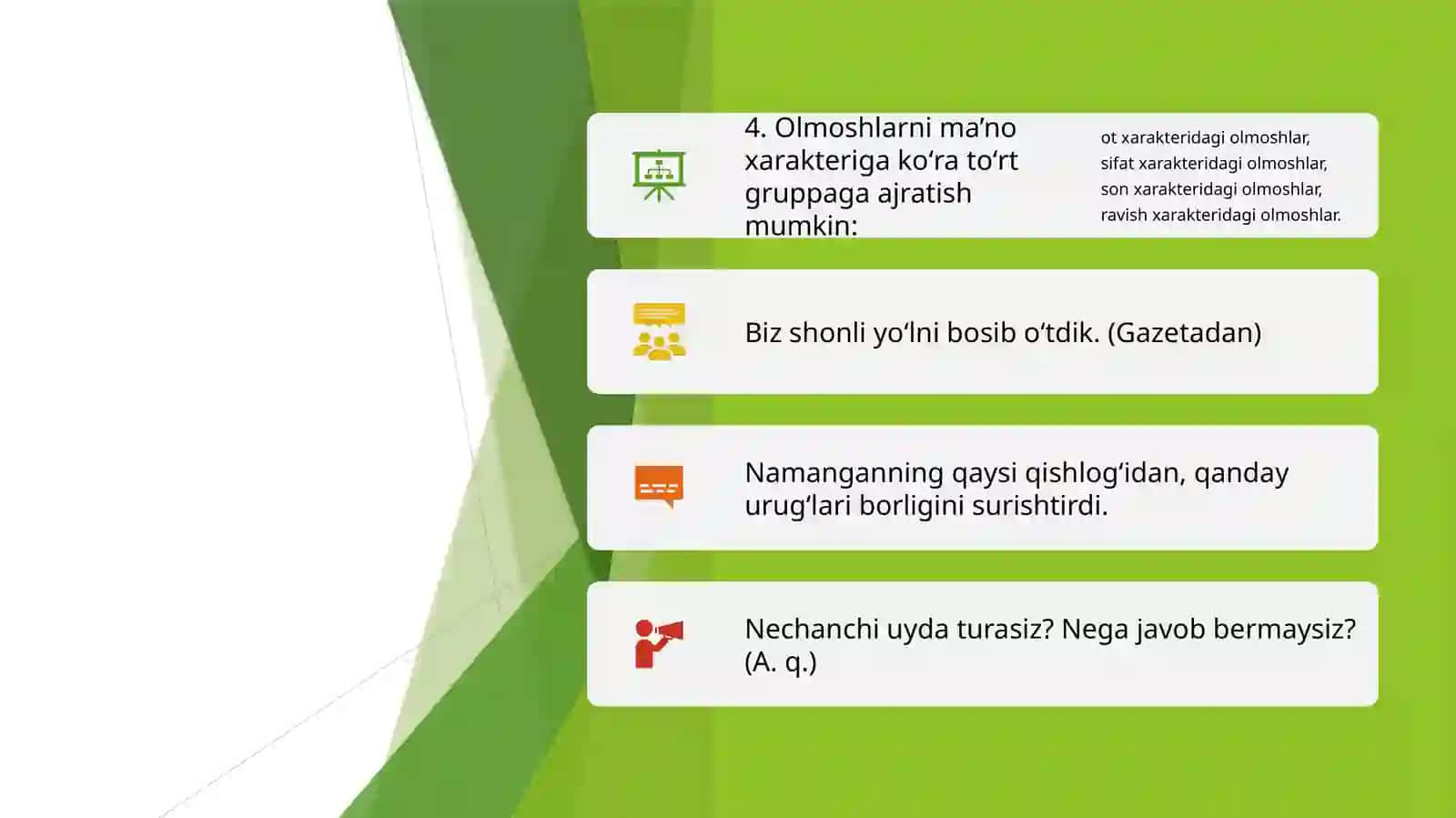 Olmoshning ta'rifi, leksik-grammatik xususiyatlari 4