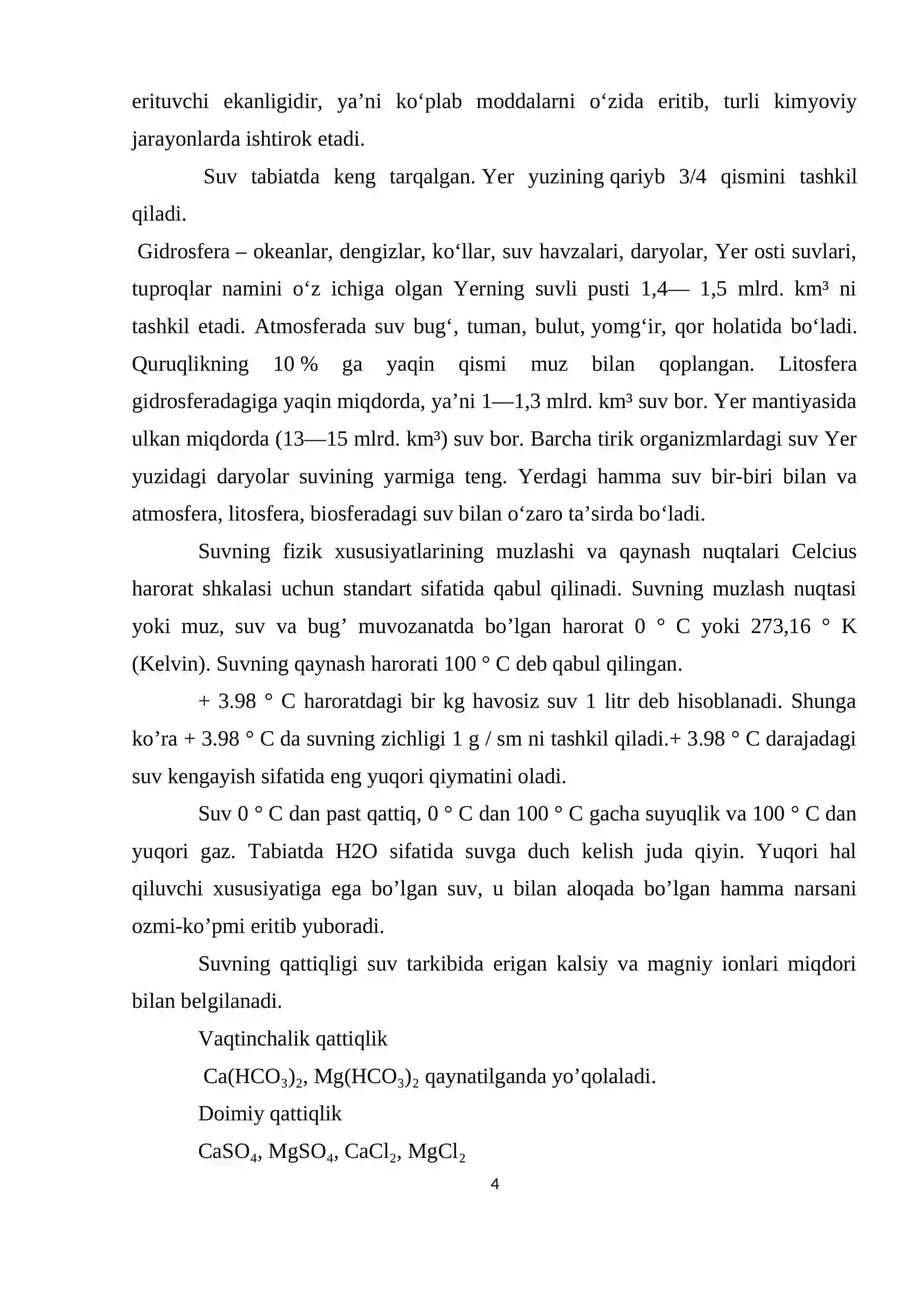 Suv va uning hossalari.Suvning qattiqligi va uni yo’qotish usullari 4