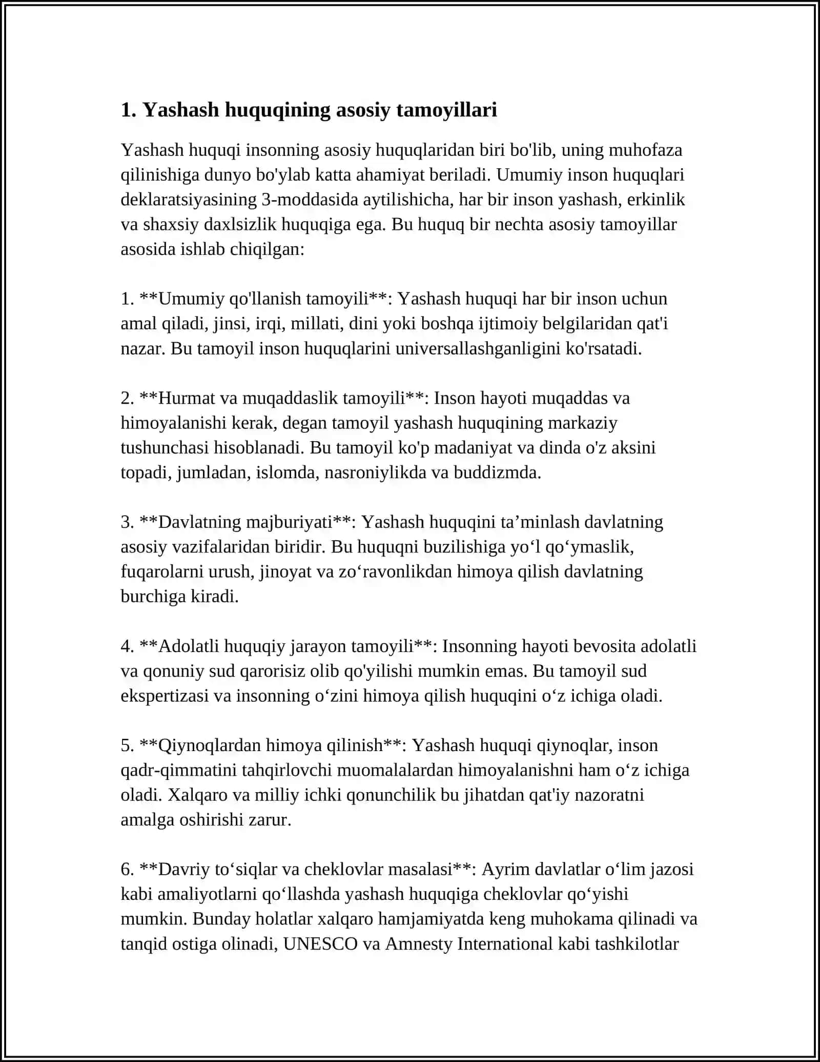 YASHASH HUQUQI VA UNING KAFOLATLANISHI,O'LIM JAZOSINI BEKOR BO'LISHI 4