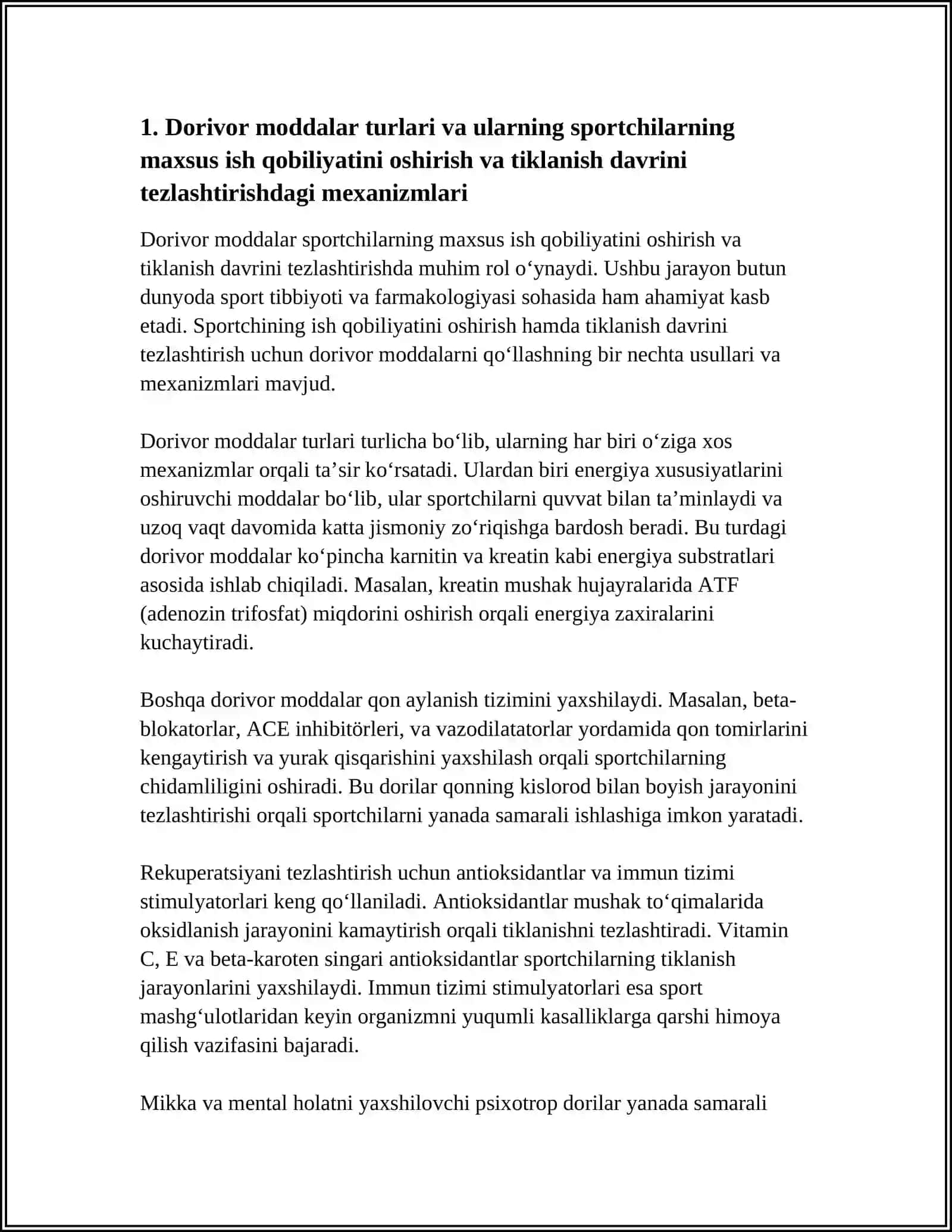 SPORTCHILARNING MAXSUS ISH GOBILIYATINI OSHIRISH VA TIKLANISH DAVRINI TEZLASHTIRISH UCHUN DORIVOR MODDALARDAN FOYDALANISH 4