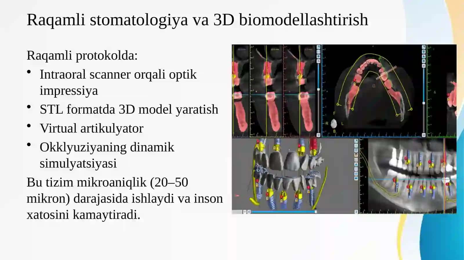 Umumiy amaliyot shifokor-stomatologining an'anaviy, raqamli texnologiyalar usullarini bilishi va sun'iy intellektdan to'liq olinadigan tish protezlarini tayyorlashning estetik jihatlarini bilishi. Tishlarning joylashishi. Tishlarning shakli, o'Ichami va rangi. Protez asosi (tanasi) estetikasi. 4