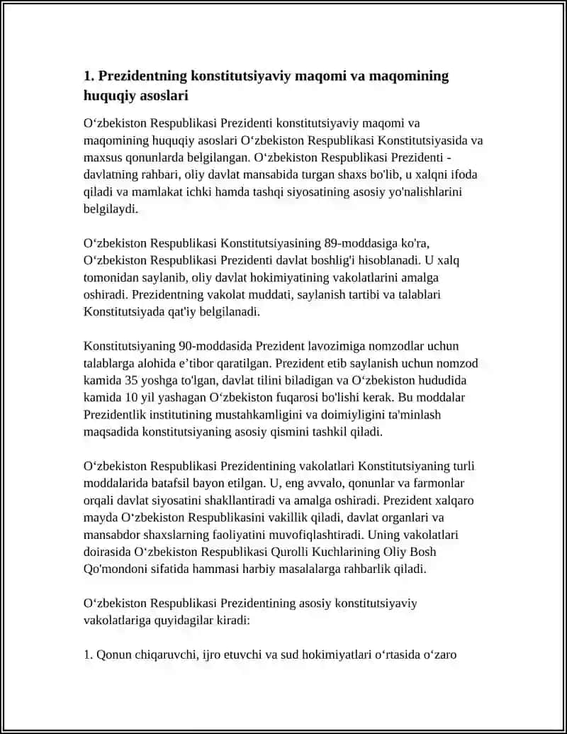 OʻZBEKISTON RESPUBLIKASI PREZIDENTI: KONSTITUTSIYAVIY MAQOMI VA VAKOLATLARINING AMALGA OSHIRILISHI 4