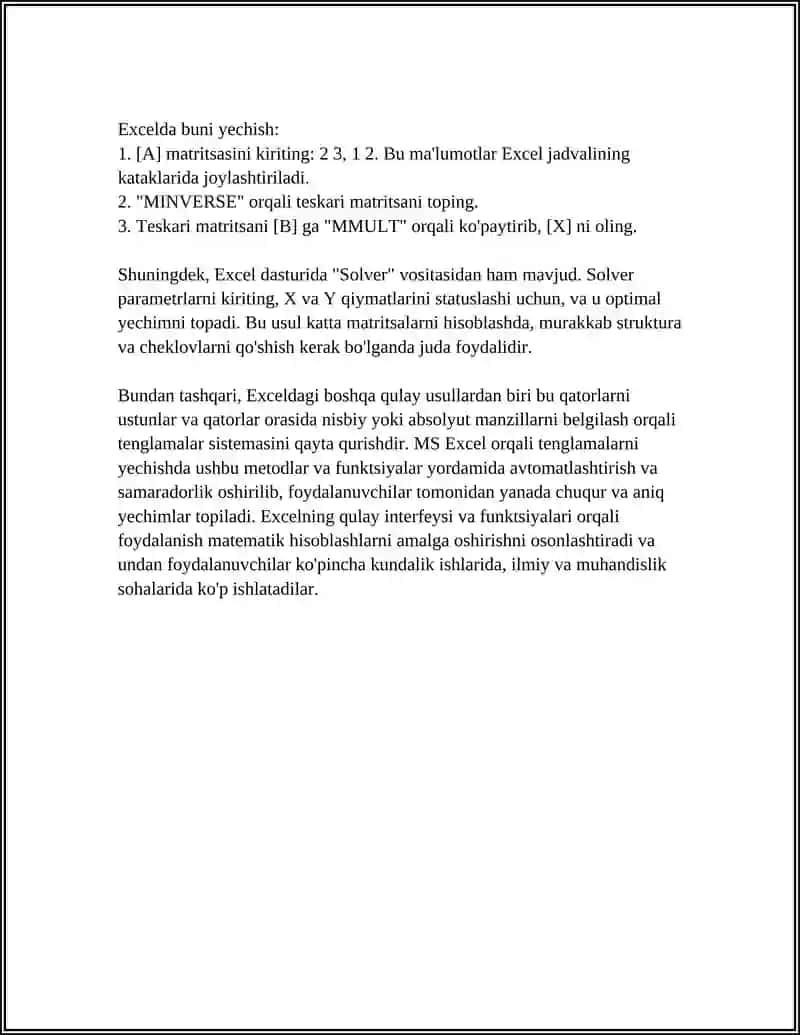 MS EXCEL DASTURI ELEKTRON JADVALIDA CHIZIQLI ALGEBRAIK TENGLAMALAR SISTEMASINI YECHISH 4