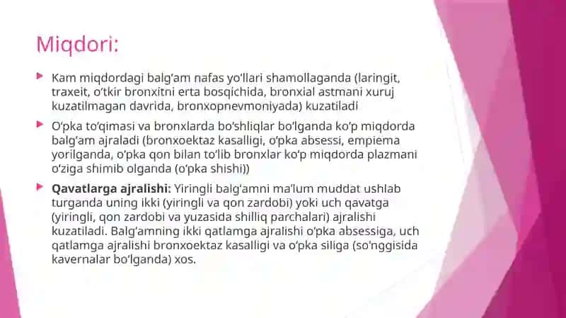 Balg‘am va plevra suyuqligini labarator tekshirish. O‘pkani funksional va instrumental tekshirish usullari: spirometriya, pnevmotaxometriya, oksigemometriya. O‘pkani rentgenologik tekshirish. Bronxoskopiya, bronxografiya, tomografiya 4