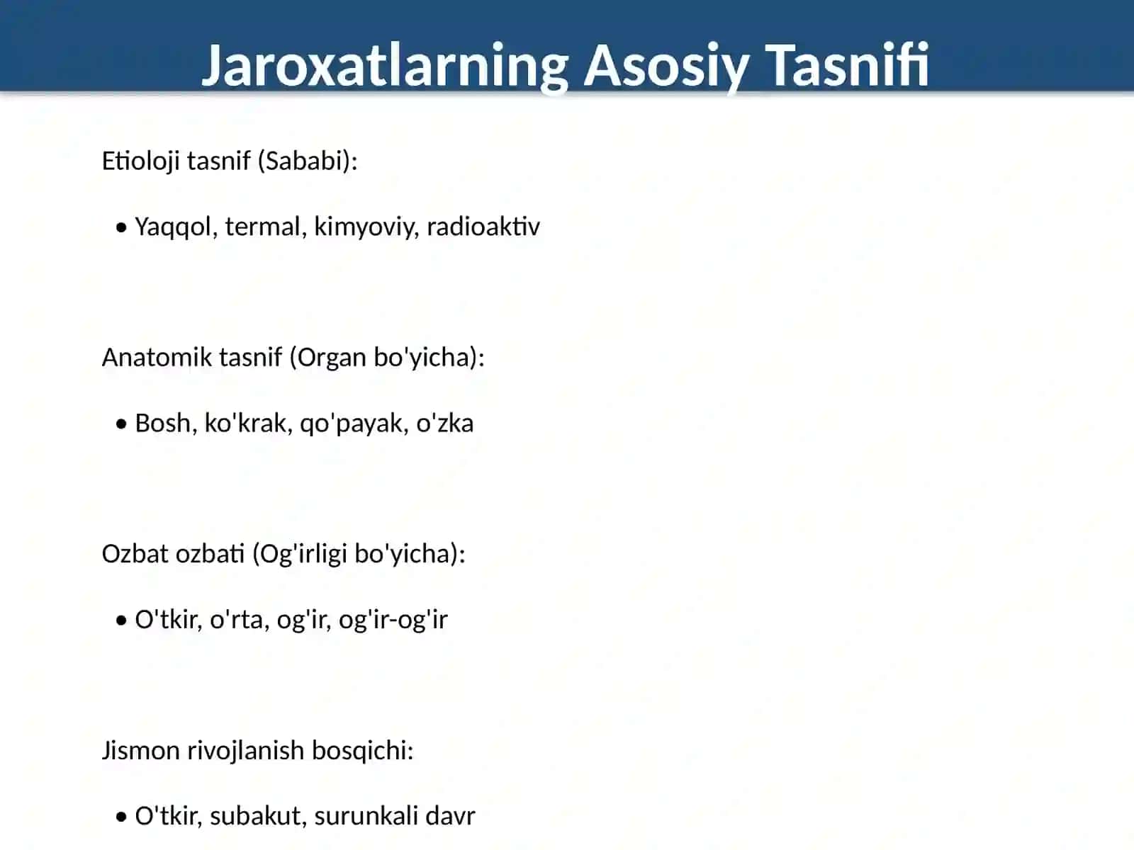 Zamonaviy sharoitlarda qo'llaniladigan jangovar jaroxatlovchi vositalardan xosil,o'lgan jaroxatlarni 4