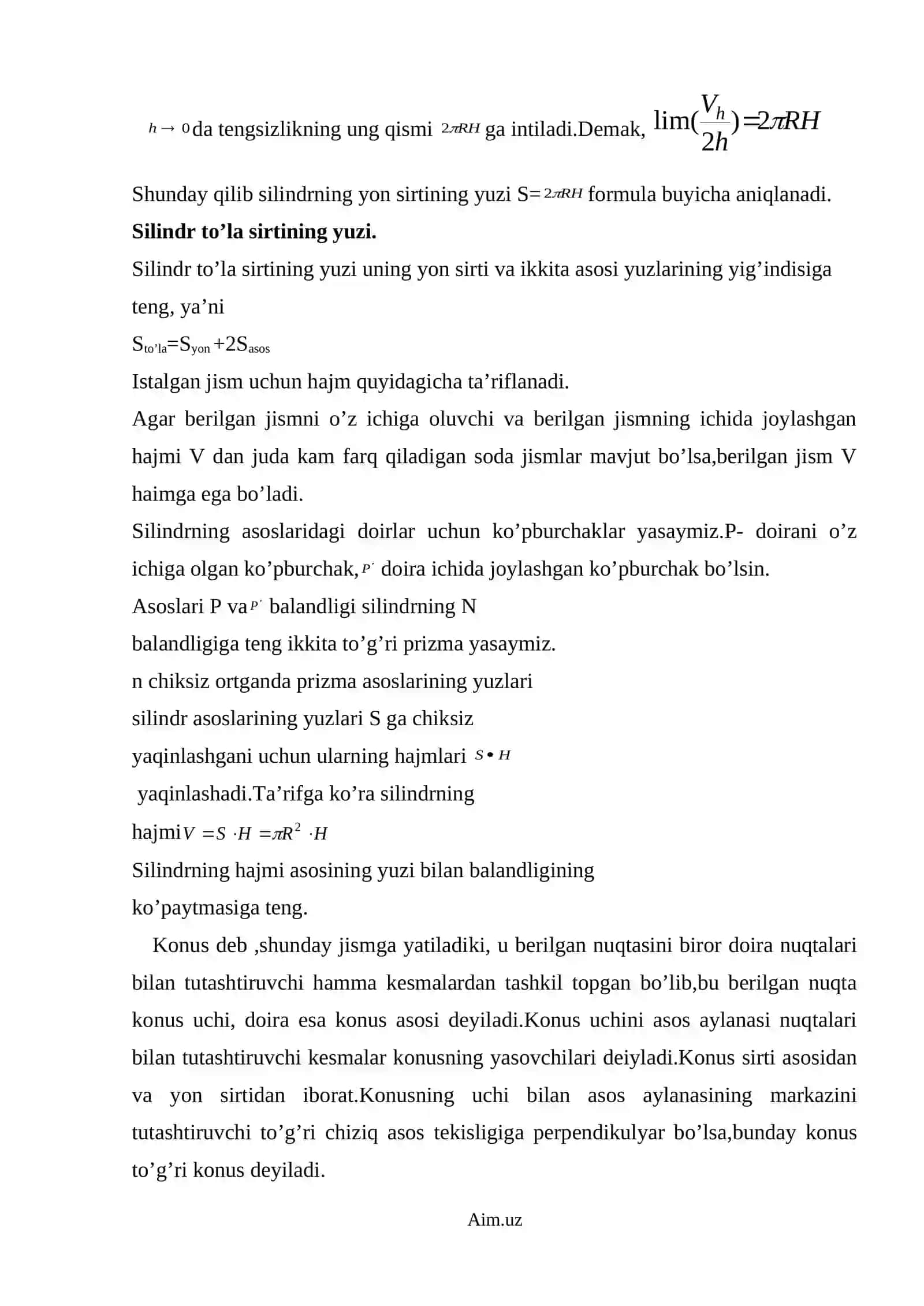 Silindr va Konusning Yon hamda To‘la Sirti | Geometriya Darsligi (DOC) 4