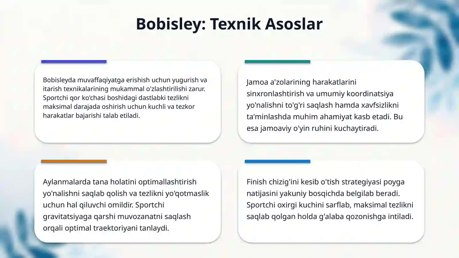 Bobisley va skleyton sport turlarining texnikasi o‘yin qoidalari. 4