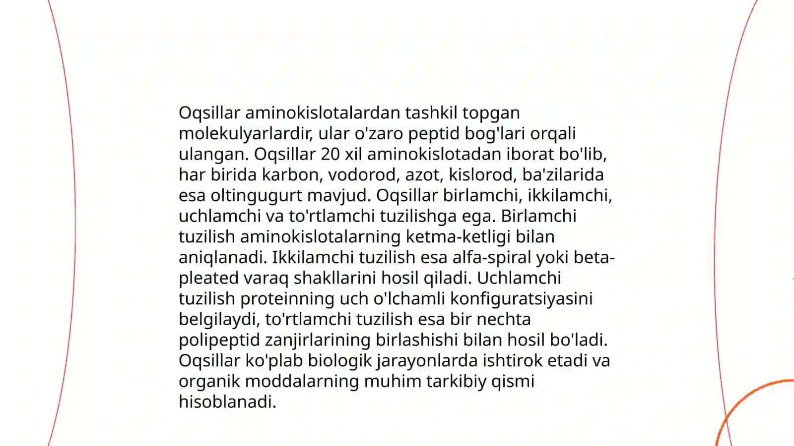 Oqsillar. Oqsillarning xossalari. Oddiy va murakkab oqsillar. Oqsillarning funksiyalari.Oqsillarning ahamiyati. Aminokislotalar 4
