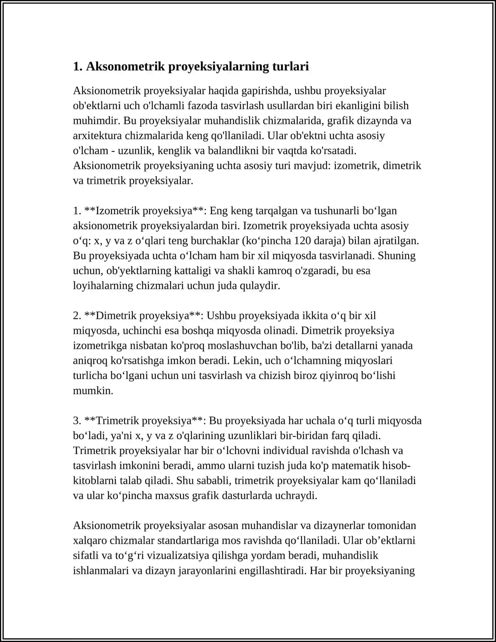 AKSONOMETRIK PROYEKSIYALAR. NOQAT TEGISLIK DONGELEK PROYEKSIYALARI ORQALI GRAFIK JUMISLARIN ISLEW 4