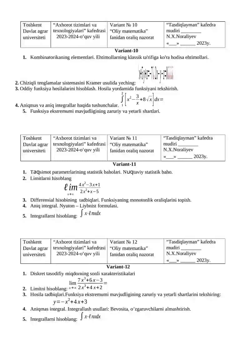 OLIY MATEMATIKA FANIDAN ORALIQ NAZORAT VARIANTLARI 4