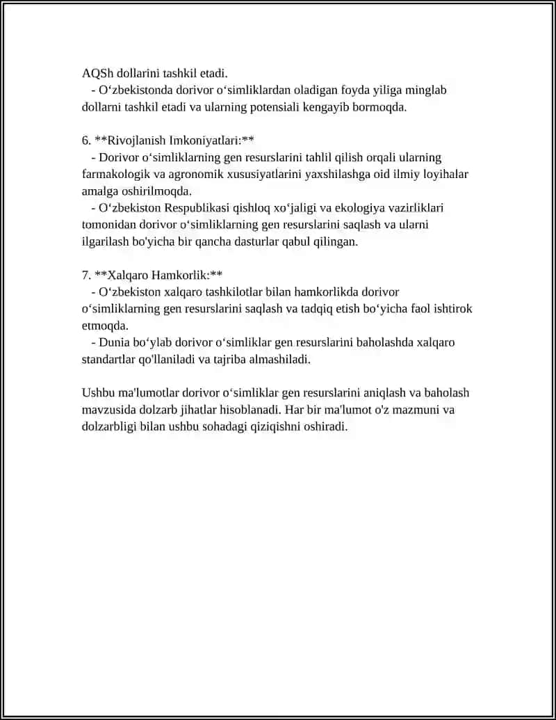 REFERAT Mavzu: DORIVOR OʻSIMLIKLARNI QAYTA TIKLASH VA MUHOFAZA QILISH YOʻLLARI 4