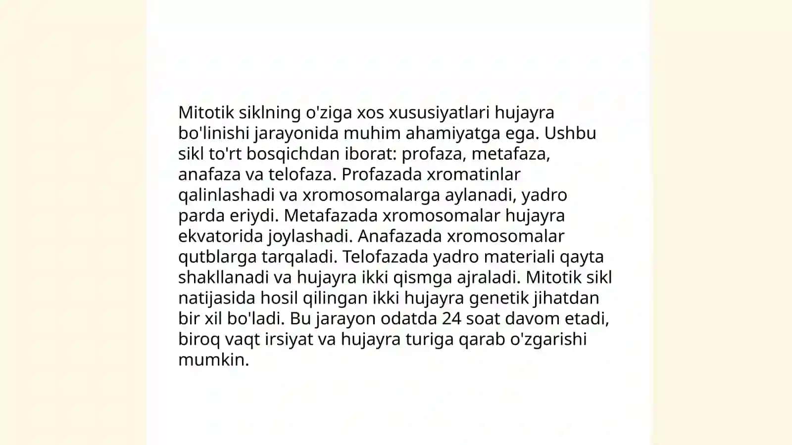 Hujayralarning mitotik va hayotiy sikli Hujayra proliferatsiyasi Hujayralarning meyotik boʻlinishi mitoz va meyozning patologiyasi 4