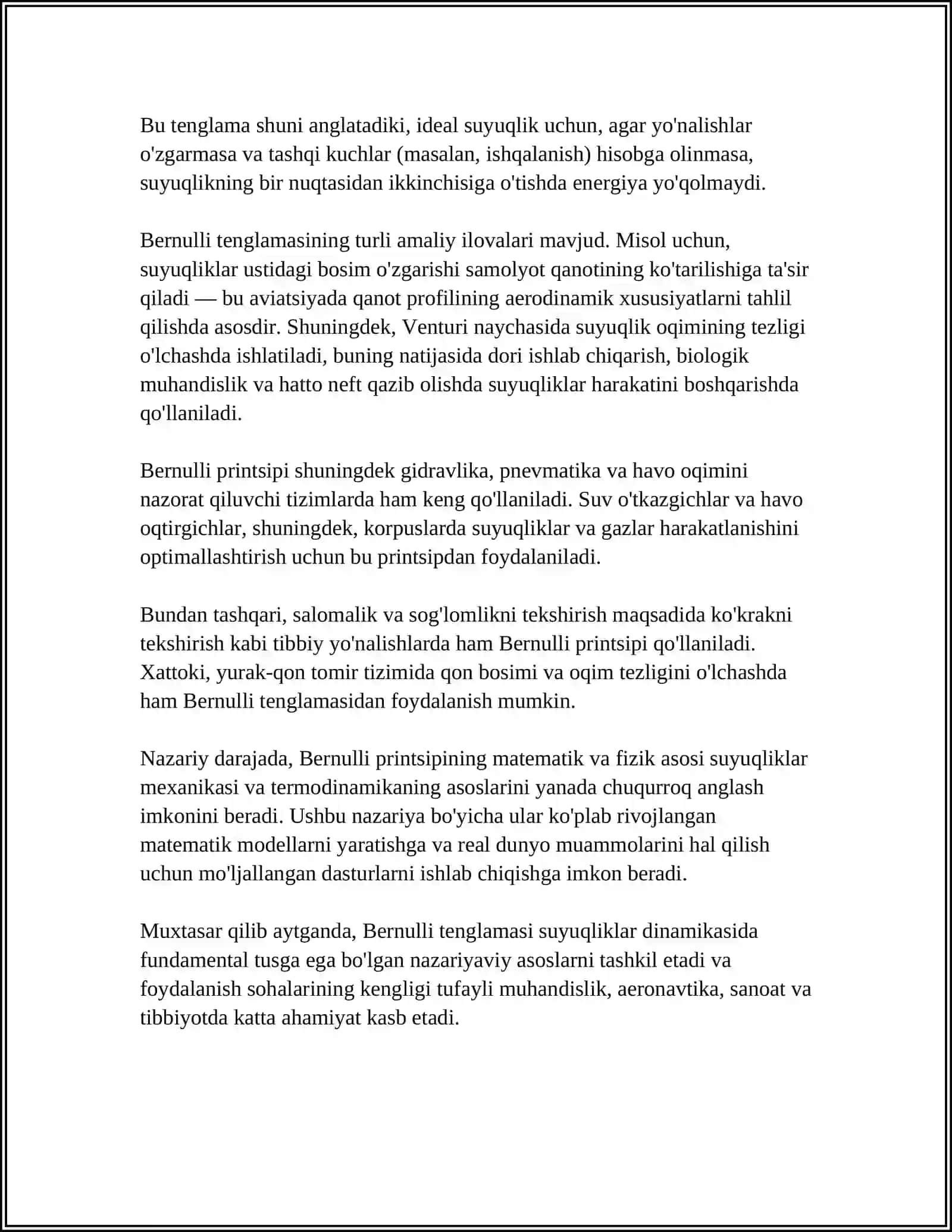 BERNULLI TENGLAMASINING GEOMETRIK VA ENERGETIK MOHIYATI MAVZUSIGA TEST TUZISH 10TA 4