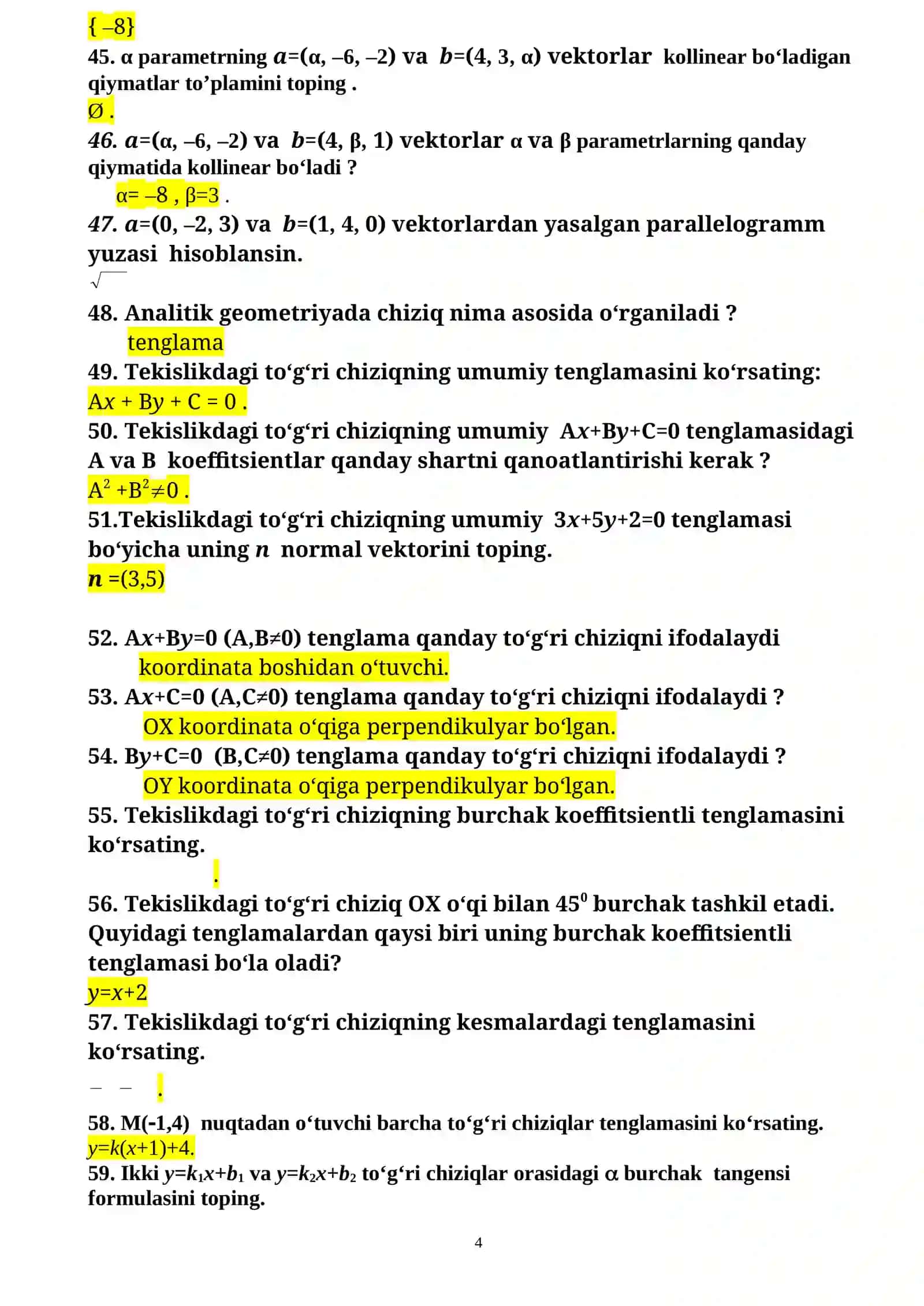 Geometriya fanidan II kurs talabalari uchun yakuniy nazorat testlari 4