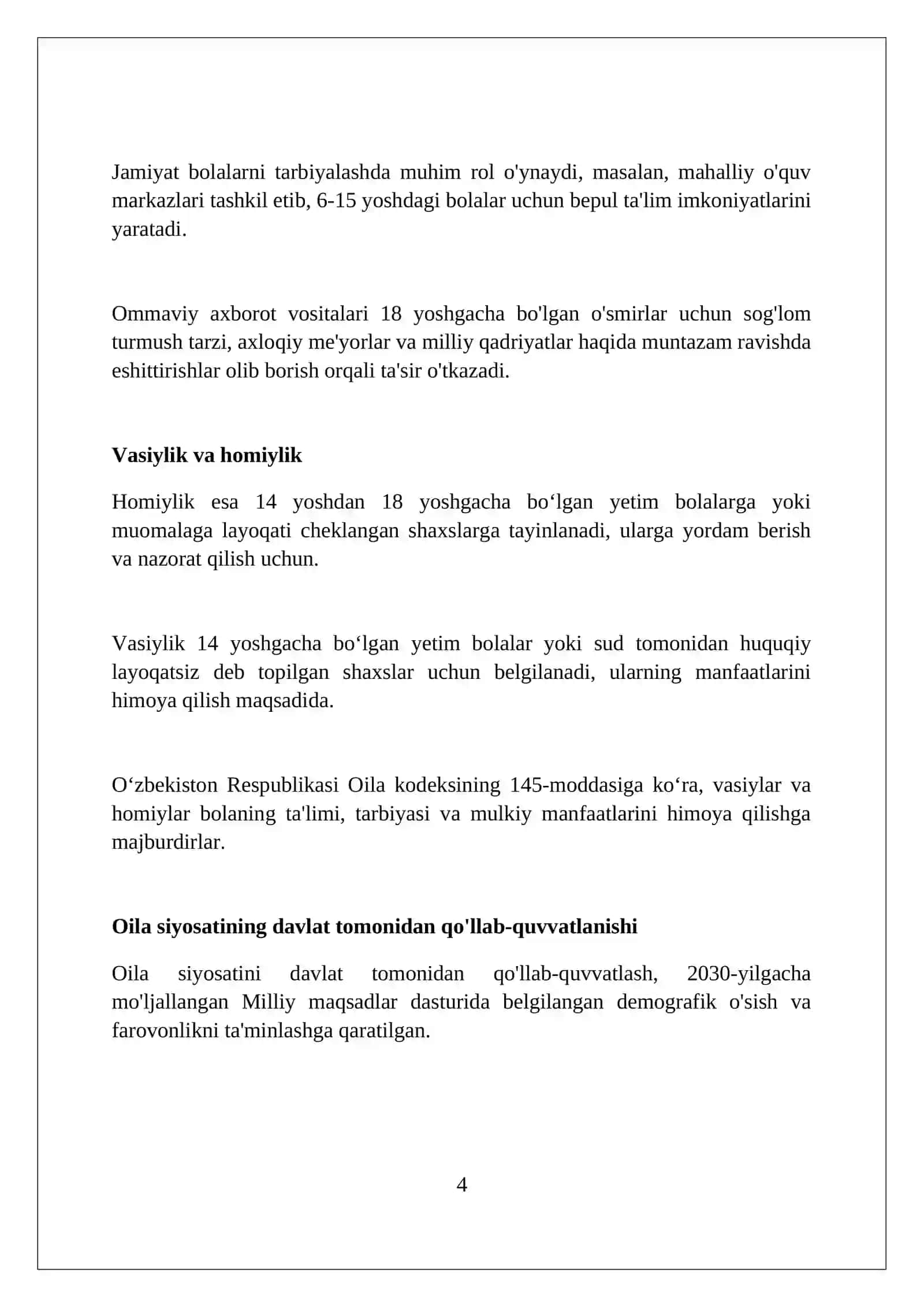 "Oila kodeksi"—oilaviy institut va bolalar tarbiyasining huquqiy asosi sifatida 4