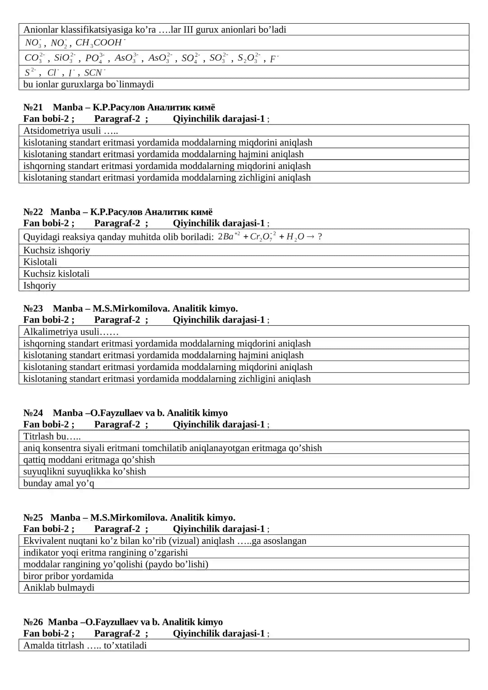 Analitik kimyo fanidan test 4