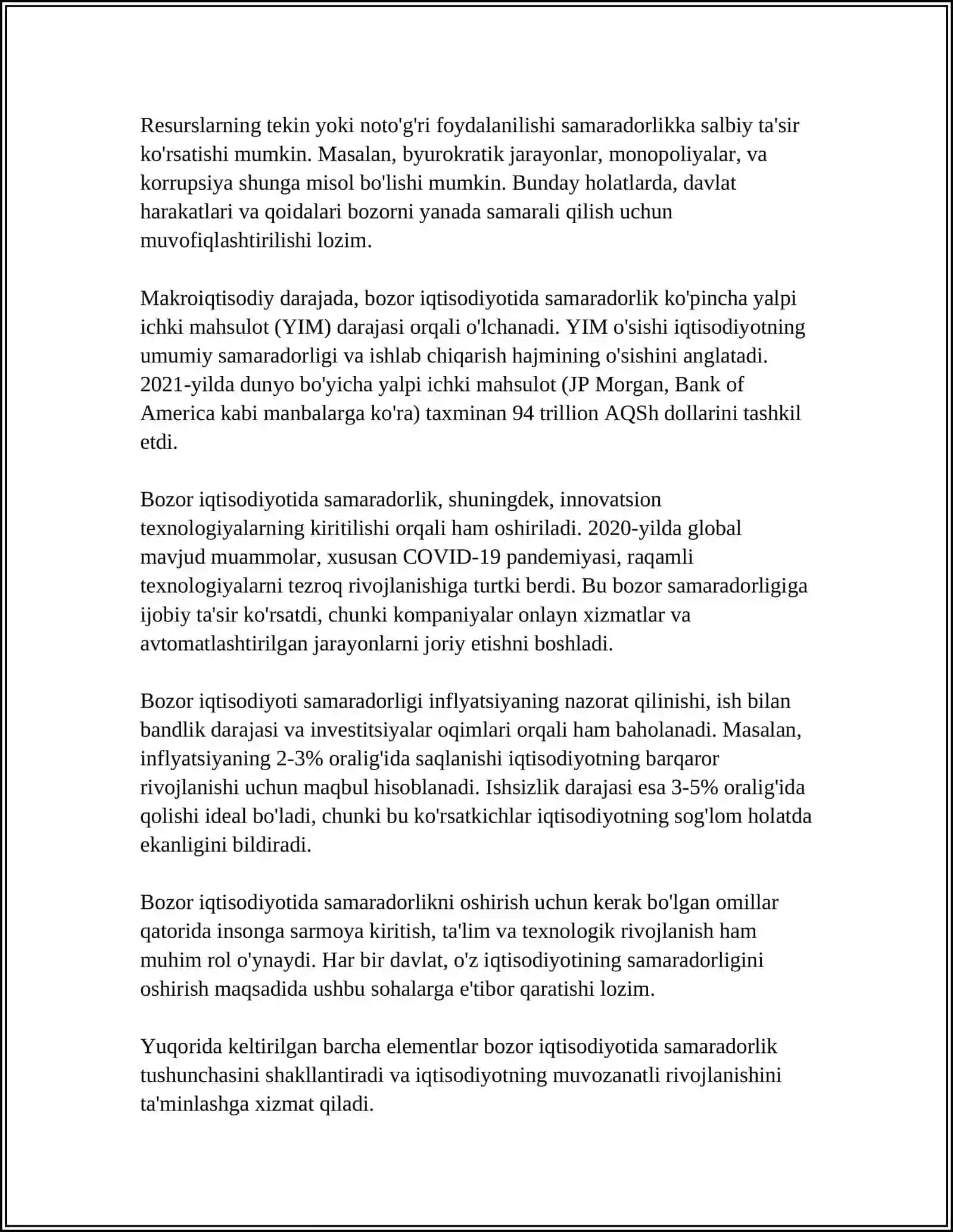 MUSTAQIL ISH Mavzu: BOZOR IQTISODIYOTIDA SAMARADORLIK MUAMOLARI 4