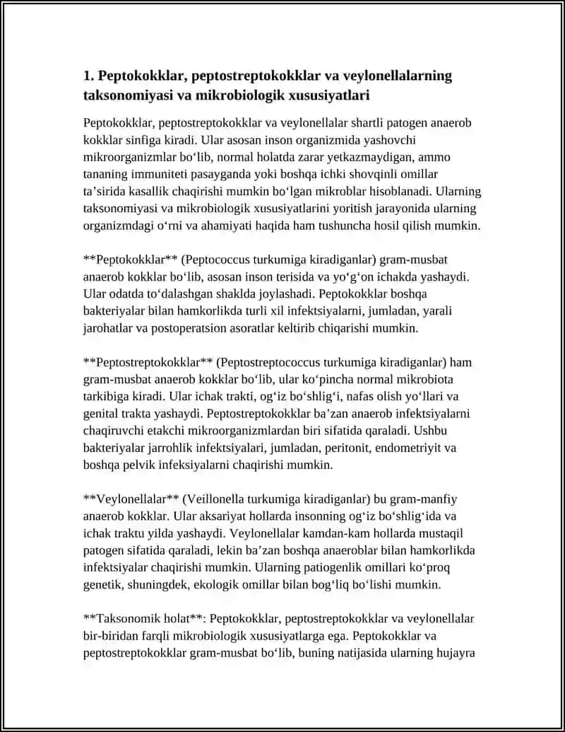 SHARTLI PATOGEN ANAEROB KOKKLAR (PEPTOKOKKLAR, PEPTOSTREPTOKOKKLAR, VEYLONELLALAR) ULARNI XIRURGIK VA GINEKOLOGIK KASALLIKLARDAGI AHAMIYATI 4