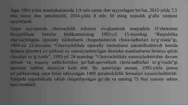 Mustaqillik yillari qishloq xoʻjaligi va sanoat sohasidagi oʻzgarishlar 4