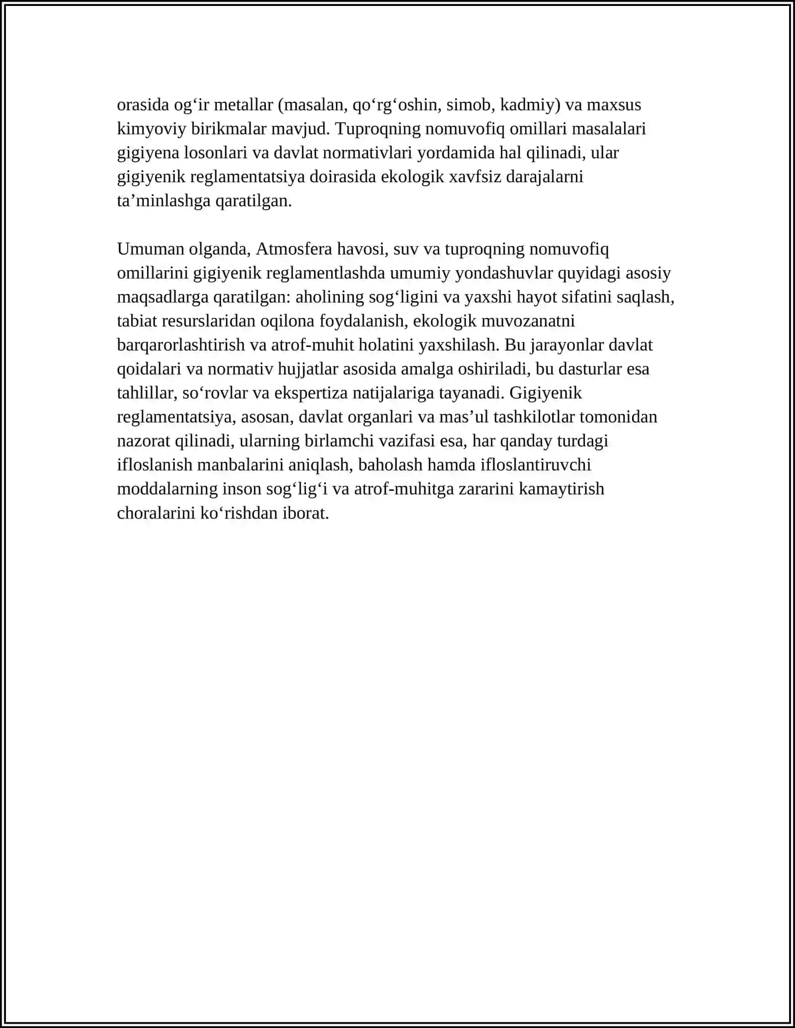 Gigiyenik prinsiplar: atmosfera, suv va tuproqning nomuvofiq omillarini reglamentlash 4