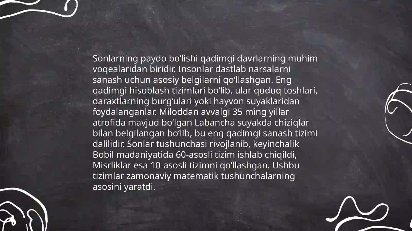 Natural son va nol tushunchasining vujudga kelish tarixini o'rganish. Nomanfiy butun sonlar ustida bajaraladigan arifmetik amallar xossalarini isbotlash. Matematik rebuslar 4