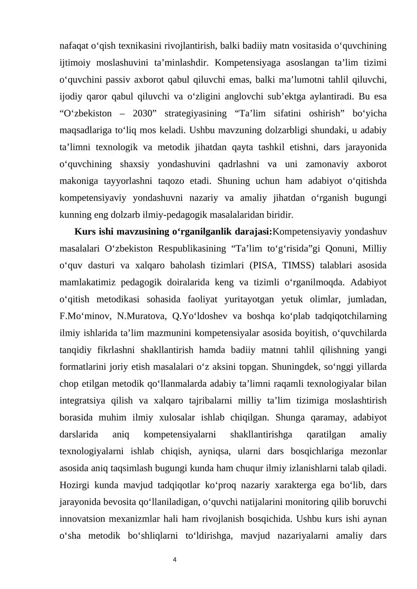 Mavzu: Adabiyot o‘qitishda kompetensiyaga asoslangan yondashuv       KURS ISHI 4