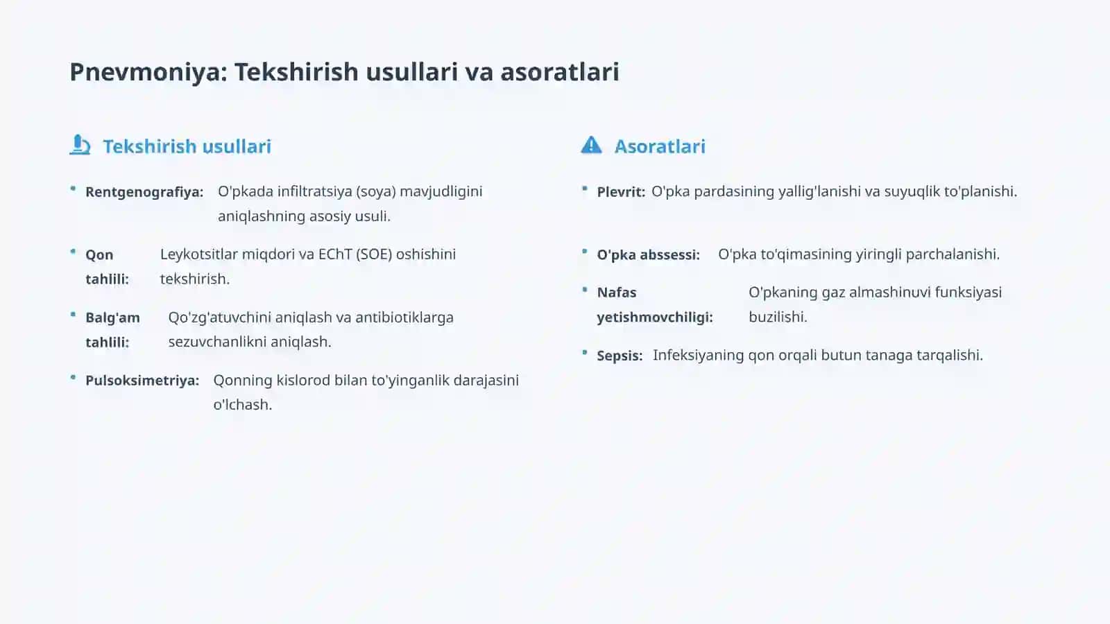 Pnevmoniya etialogiyasi, klassifikatsiyasi. Pnevmoniya, o‘pka abssessi, o‘pka raki, o‘pka exinokokki 4