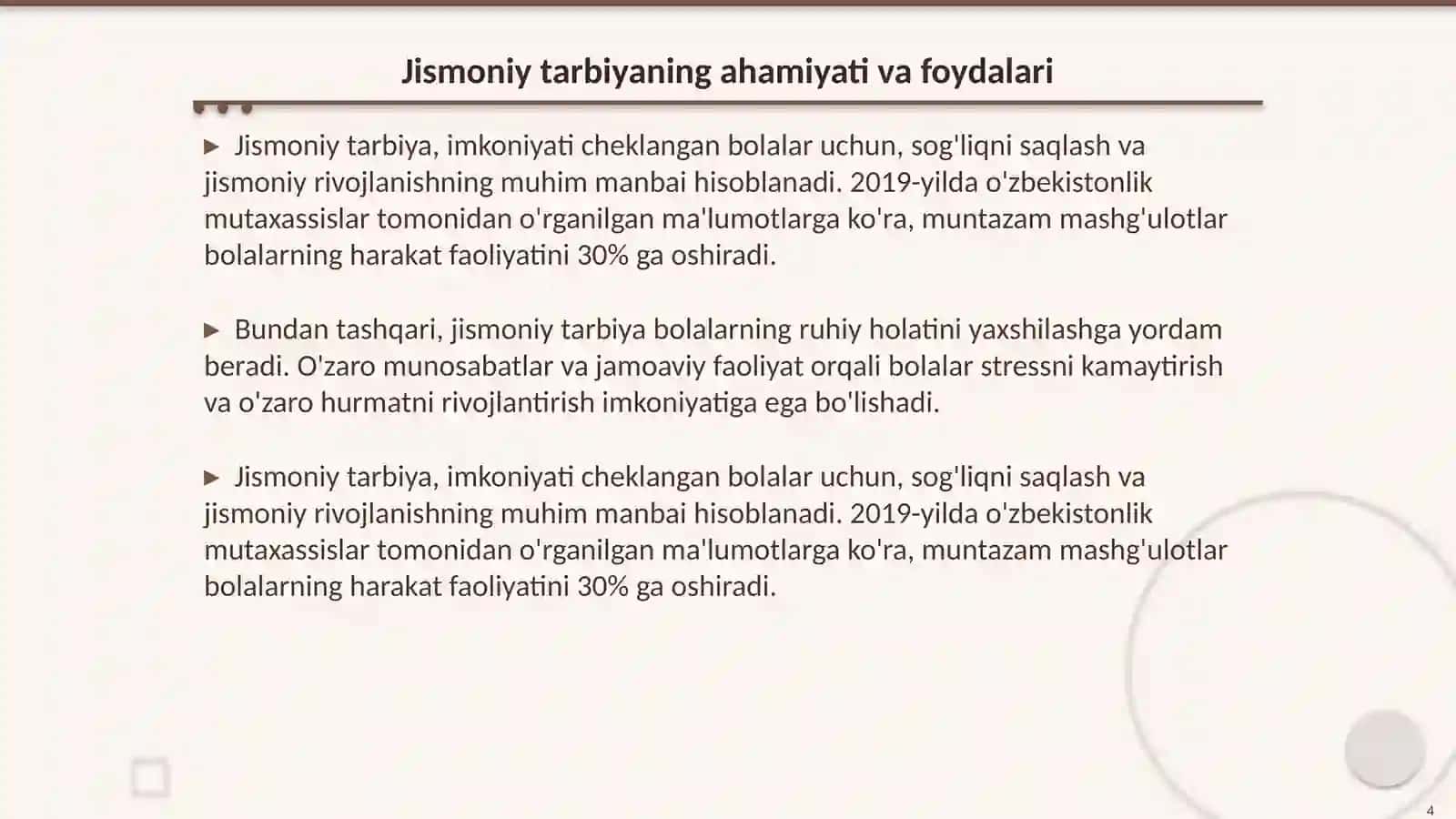 Imkoniyati cheklangan bolalar bilan jismoniy tarbiya mashgʻulotini tashkil qilish va ötkazish metodikasi 4