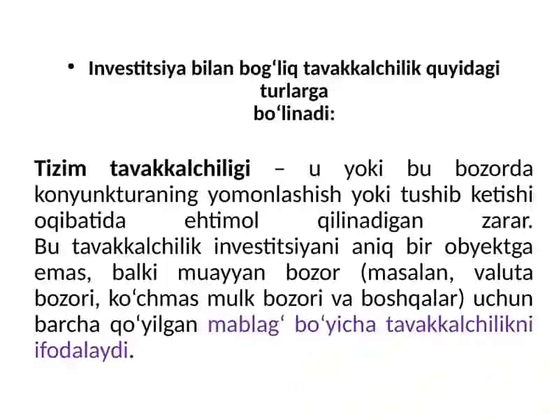 Investitsion tavakkalchilik va rebtabellik(hisoblashusullari).Investitsiylarni baholash 4