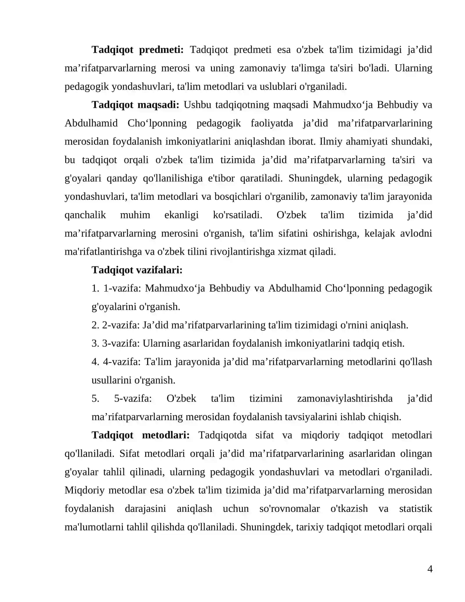 "Pedagogik faoliyatda jaʼdid maʼrifatparvarlarining merosidan foydalanish. Mahmudxoʻja Behbudiy va Abdulhamid Choʻlpon" 4