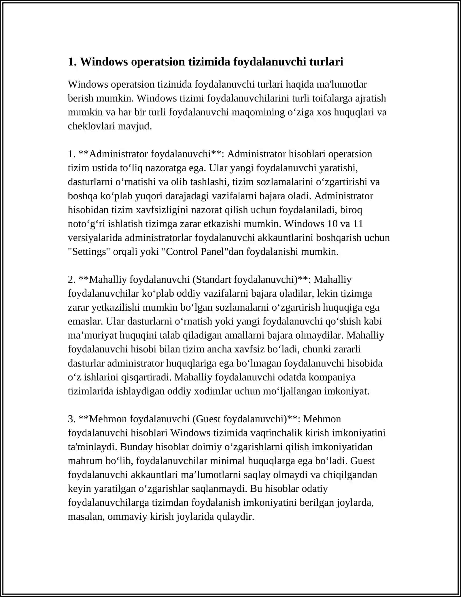 WINDOWS OTDA IMTIYOZLAR TURLARI, FAYL VA KATALOGLAR UCHUN FOYDALANISHNI BOSHQARISH TARTIBI 4