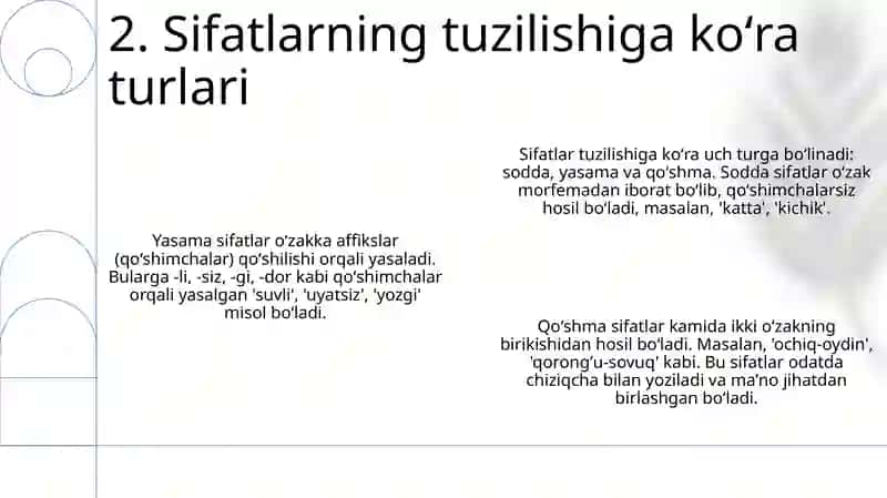 Sifat soʻz turkumi. Sifatning lekisik-grammatik xususiyatlari ma'no turlari 4