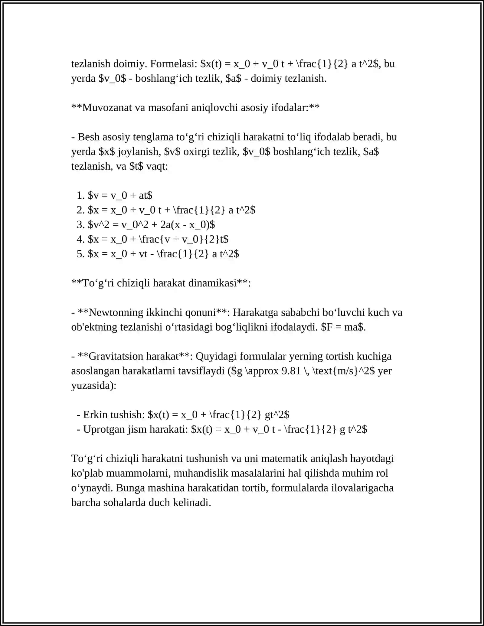 FIZIKA FANIDAN KINEMATIKA BÕLIMIDAN MUSTAQIL ISH 4