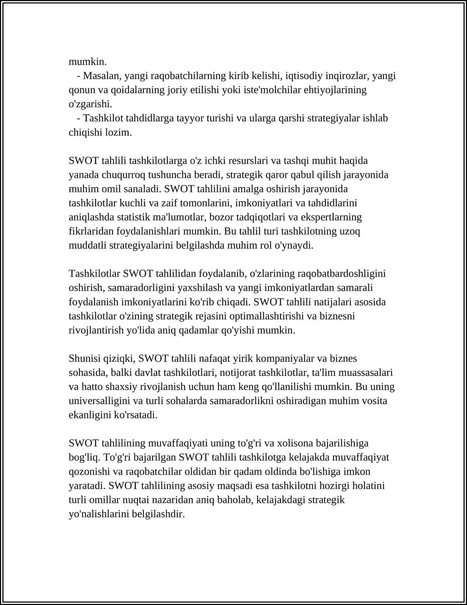 OZIQ-OVQAT SANOATI KORXONALARIDA SWOT ANALIZINING AHAMIYATI 4