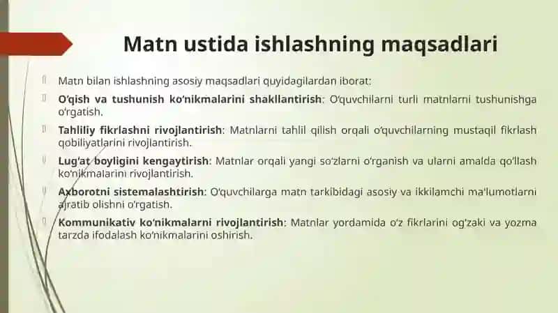 Boshlang'ich ta'limda matn ustida ishlash orqali o'quvchilarning mustaqil fikrlash qobilyatini o'stirish bo'yicha dars ishlanmasi namunasi yaratish 4