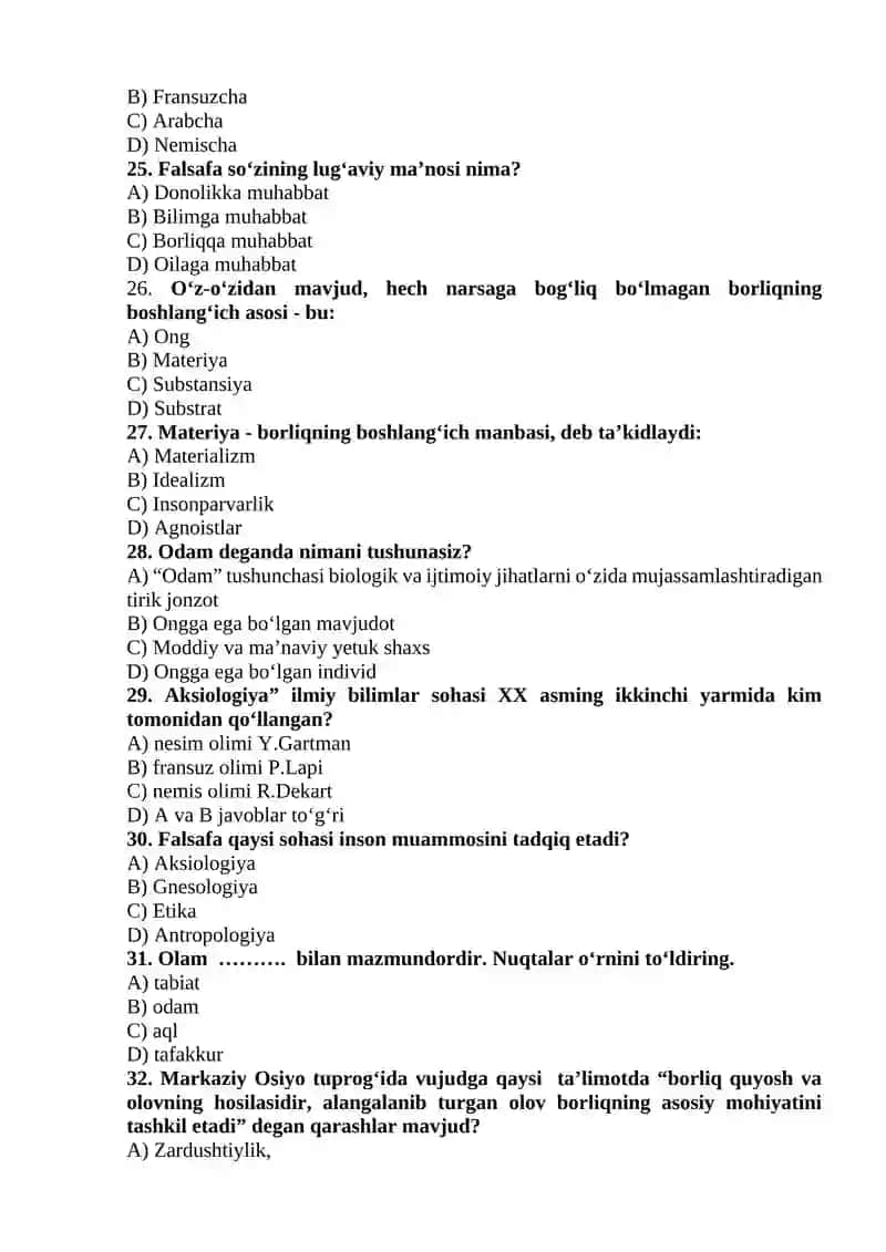 FALSAFA Fanidan Yakuniy Nazorat Savollari 4