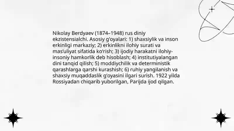 Din va hurfikrlilik “mavzuksioda prerzentatsiya tayyorlash (Berdyaevning diniy hurfikrlilik haqidagi gʻoyalarini Gʻazzoliy gʻoyalari bilan qiyoslash) 4