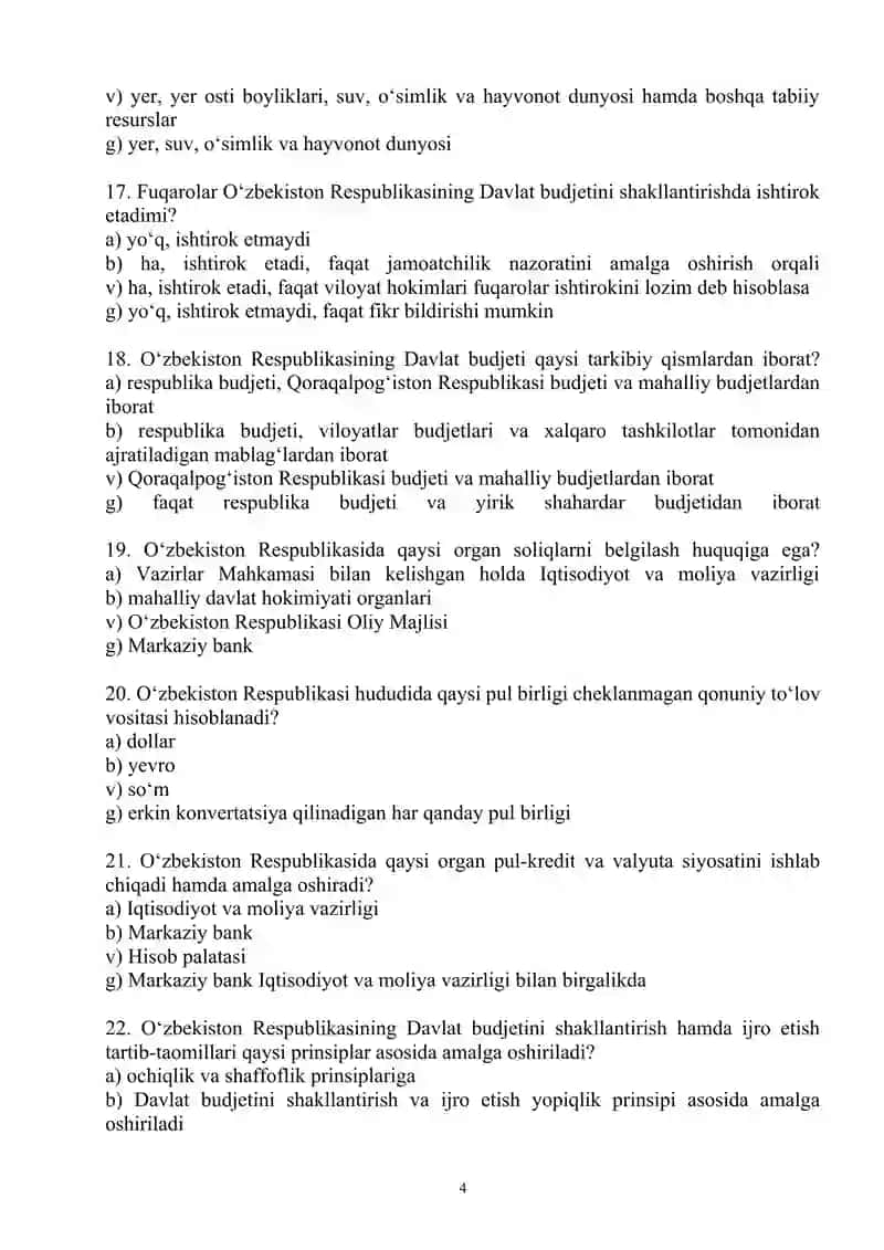 Yangi tahrirdagi O‘zbekiston Respublikasi Konstitutsiyasi fanidan test savollari 4