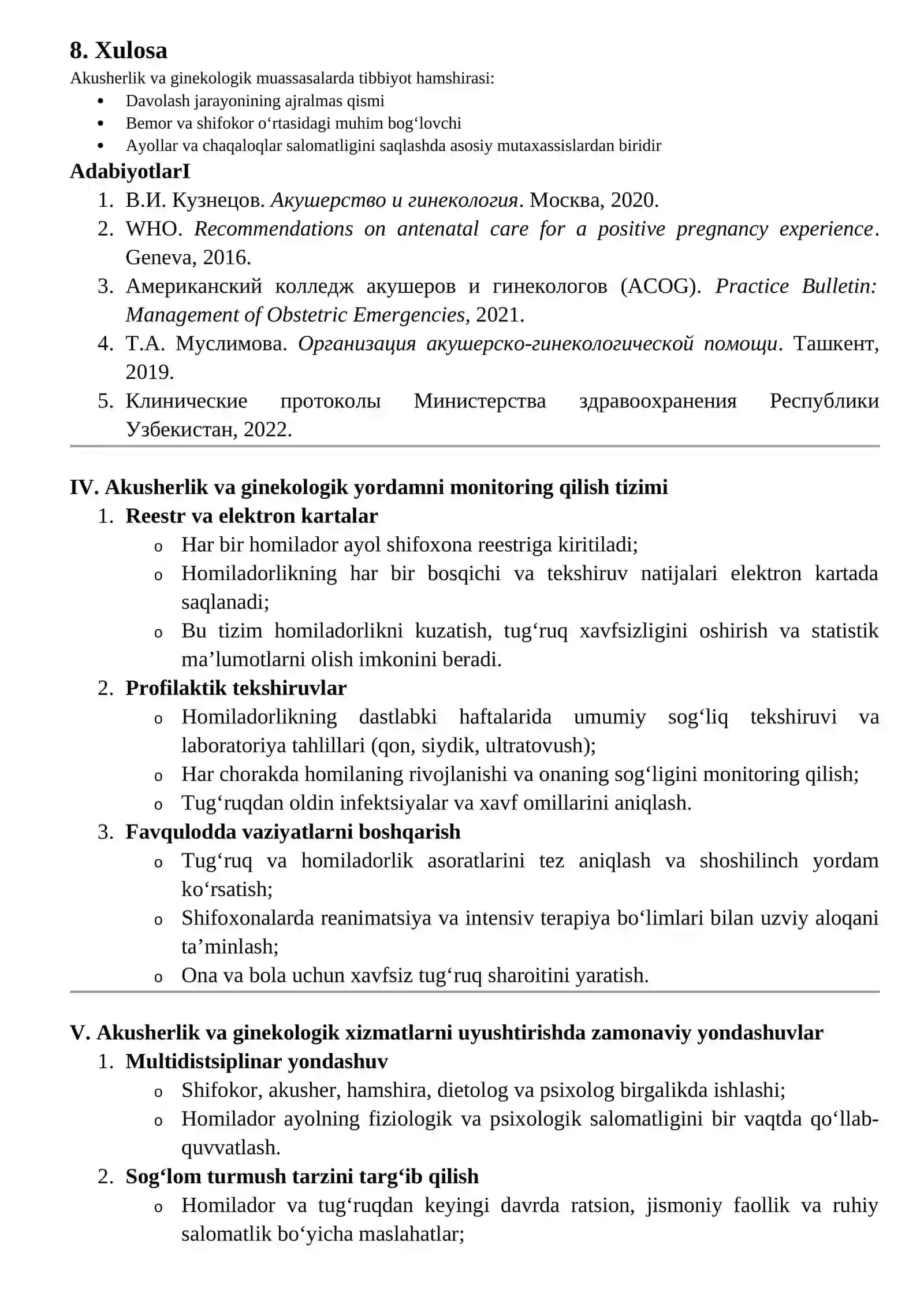 AKUSHERLIK VA GINEKOLOGIK YORDAM KO`RSATISH MUASSALARIDA TIBBIYOT HAMSHIRASINING O`RNI VA VAZIFALARI 4