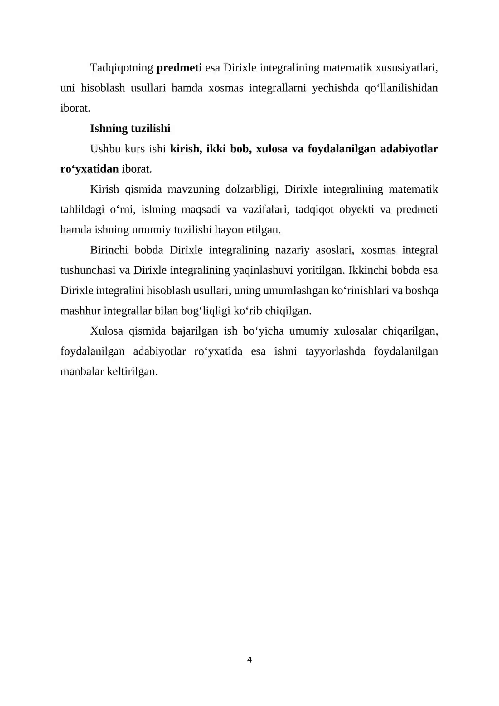 Dirixle integralini hisoblash va uning ba’zi bir xosmas integrallarni hisoblashda qo‘llanilishi 4