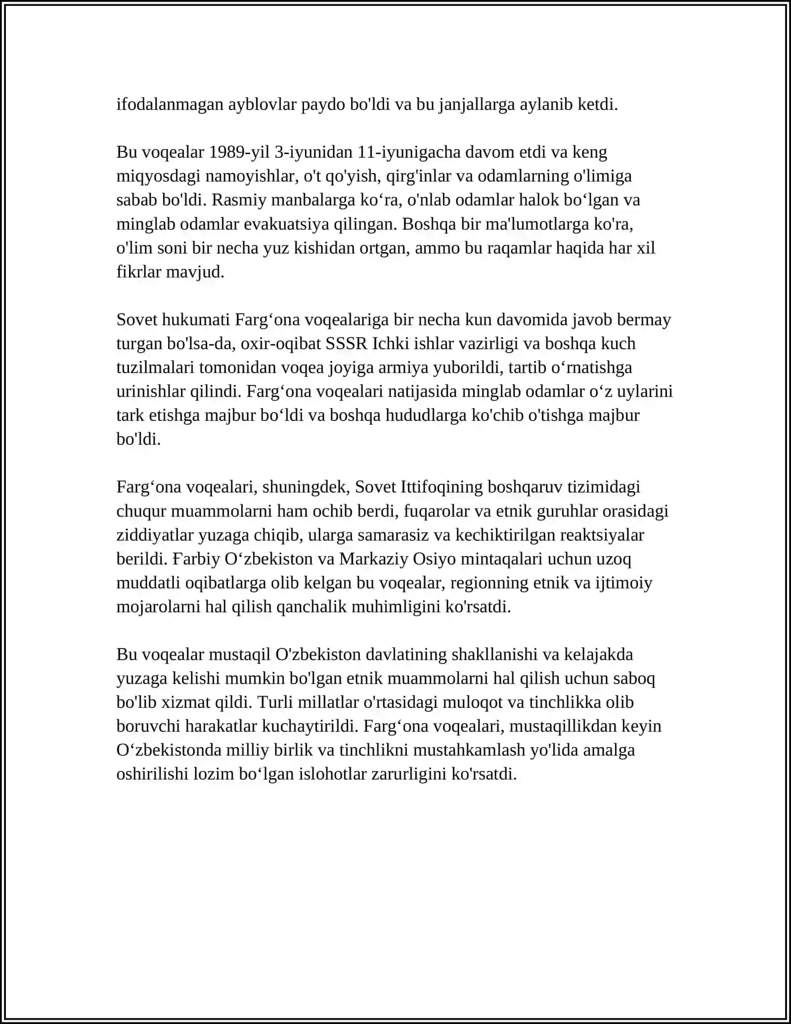 1989 YIL FARGʻONA VOQEALARI. OʻZBEKISTONDA IJTIMOIY INQIROZNING AVJ OLISHI 4