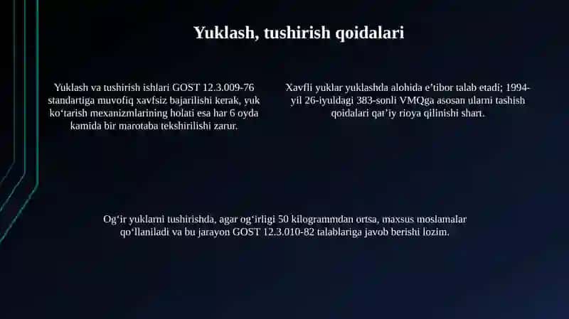 Yuklarni tashish, ortish, tushirish va qayta ishlash shartlari 4