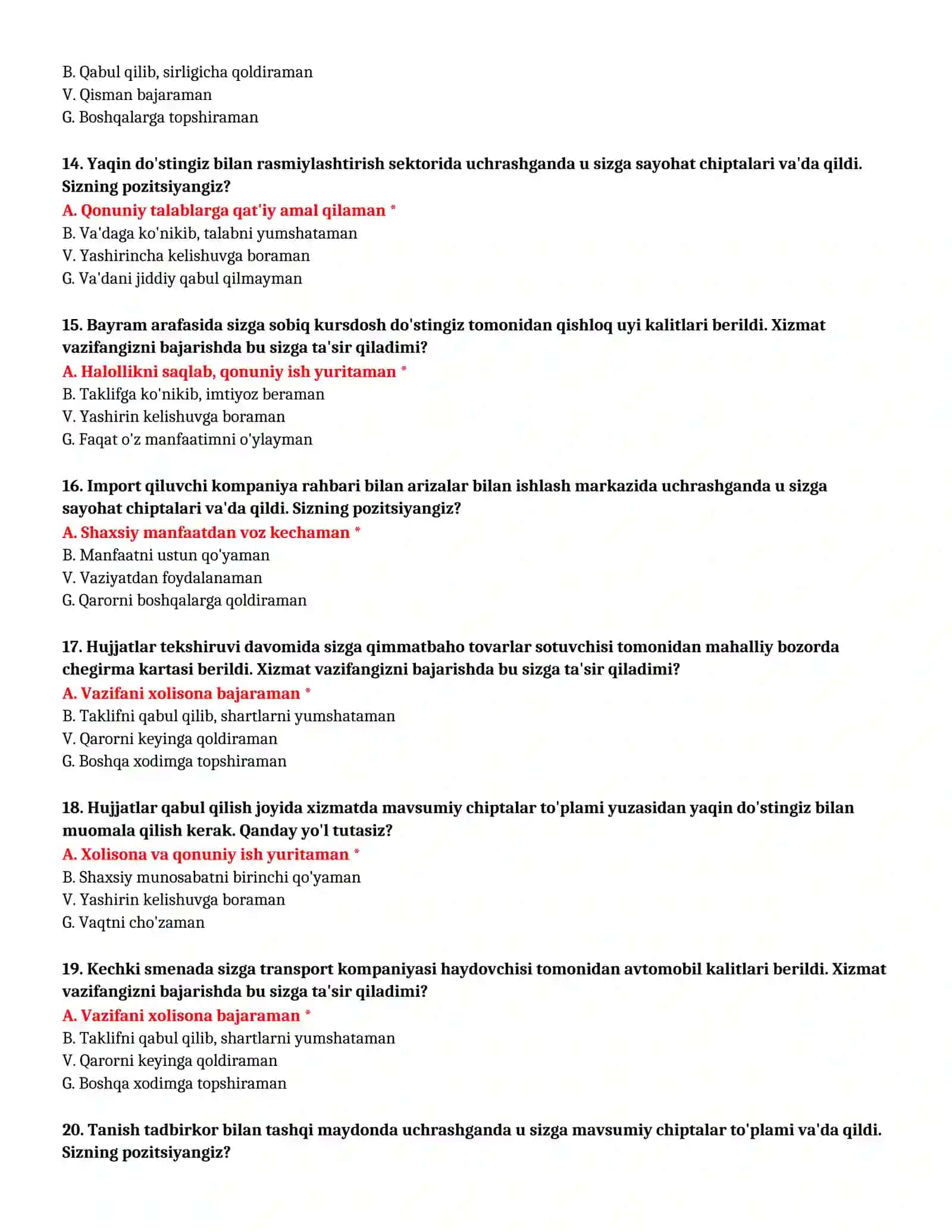 BOJXONA AKADEMIYASI - TO'LIQ TEST TO'PLAMI (№ 20) 4