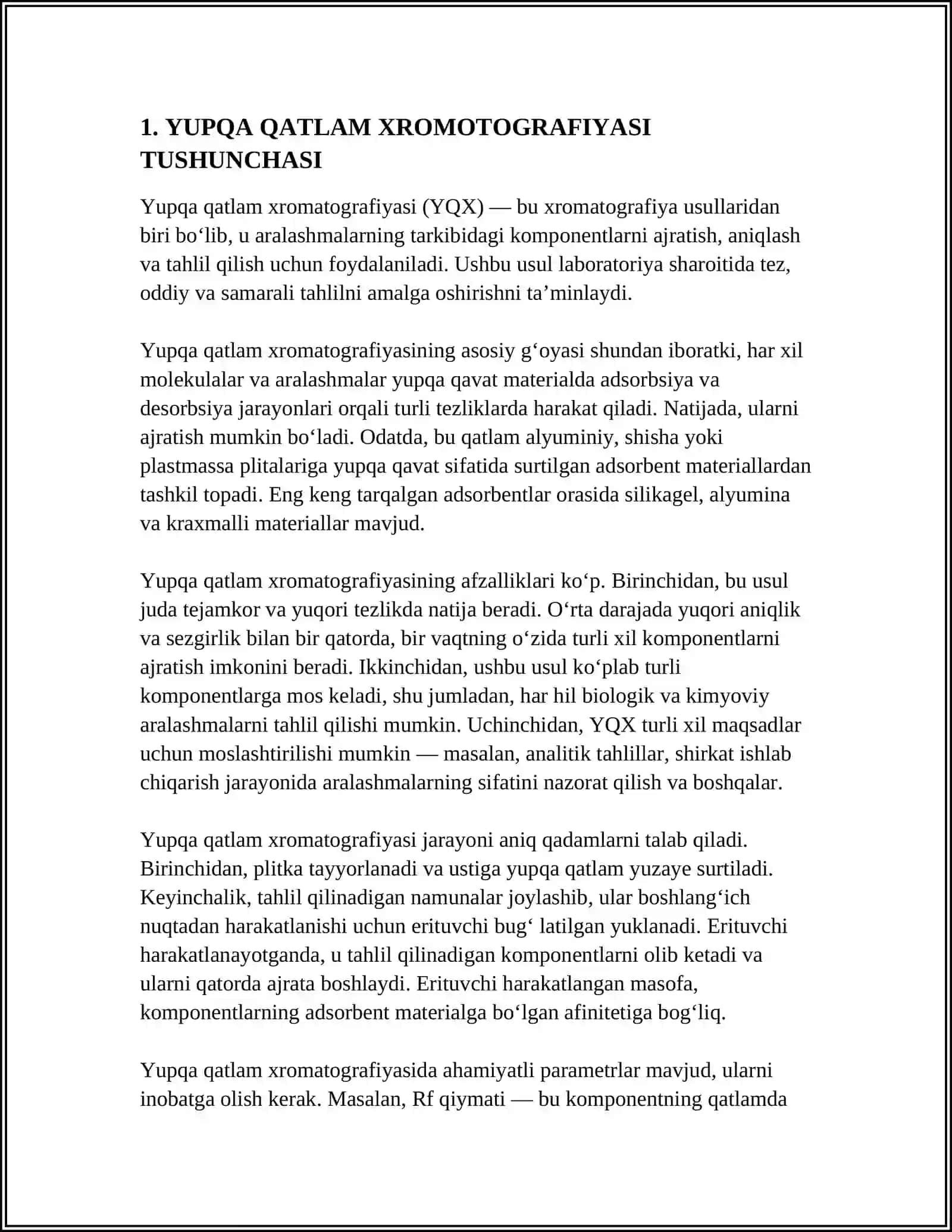 XROMOTOGRAFIK TAHLIL USULLARI YUPQA QATLAM XROMOTOGRAFIYASI VA QOG’OZ XROMOTOGRAFIYASI MAVZUSIDAN XULOSASI 4